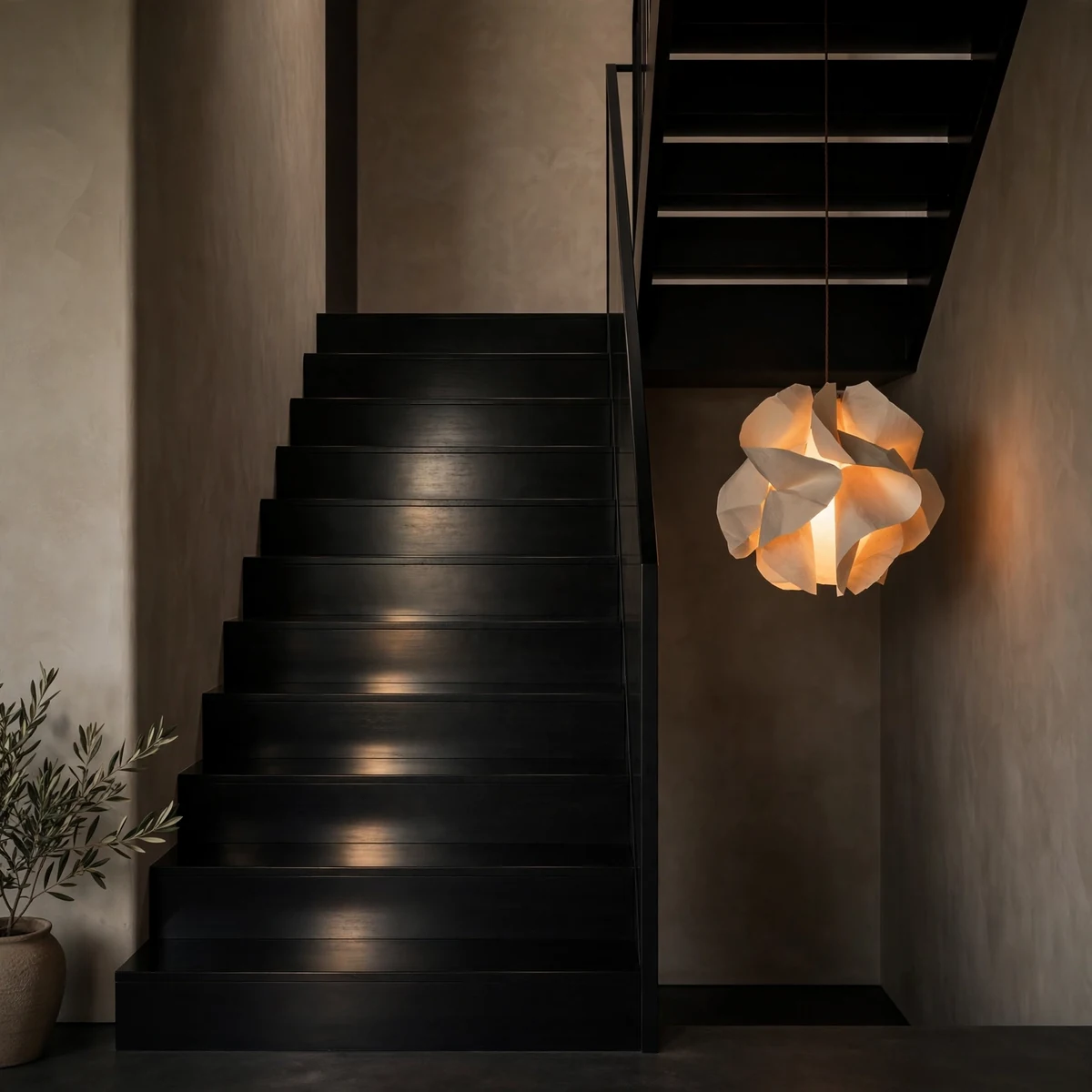 black staircase ideas: Low-Sheen Black Lacquer for a Soft Glow