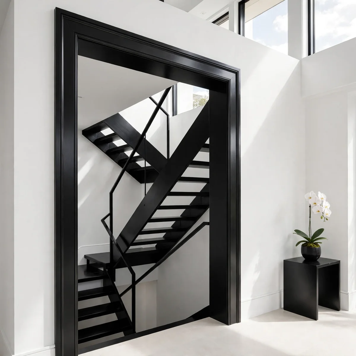 black staircase ideas: Simple Black Box Trim Around the Stairwell