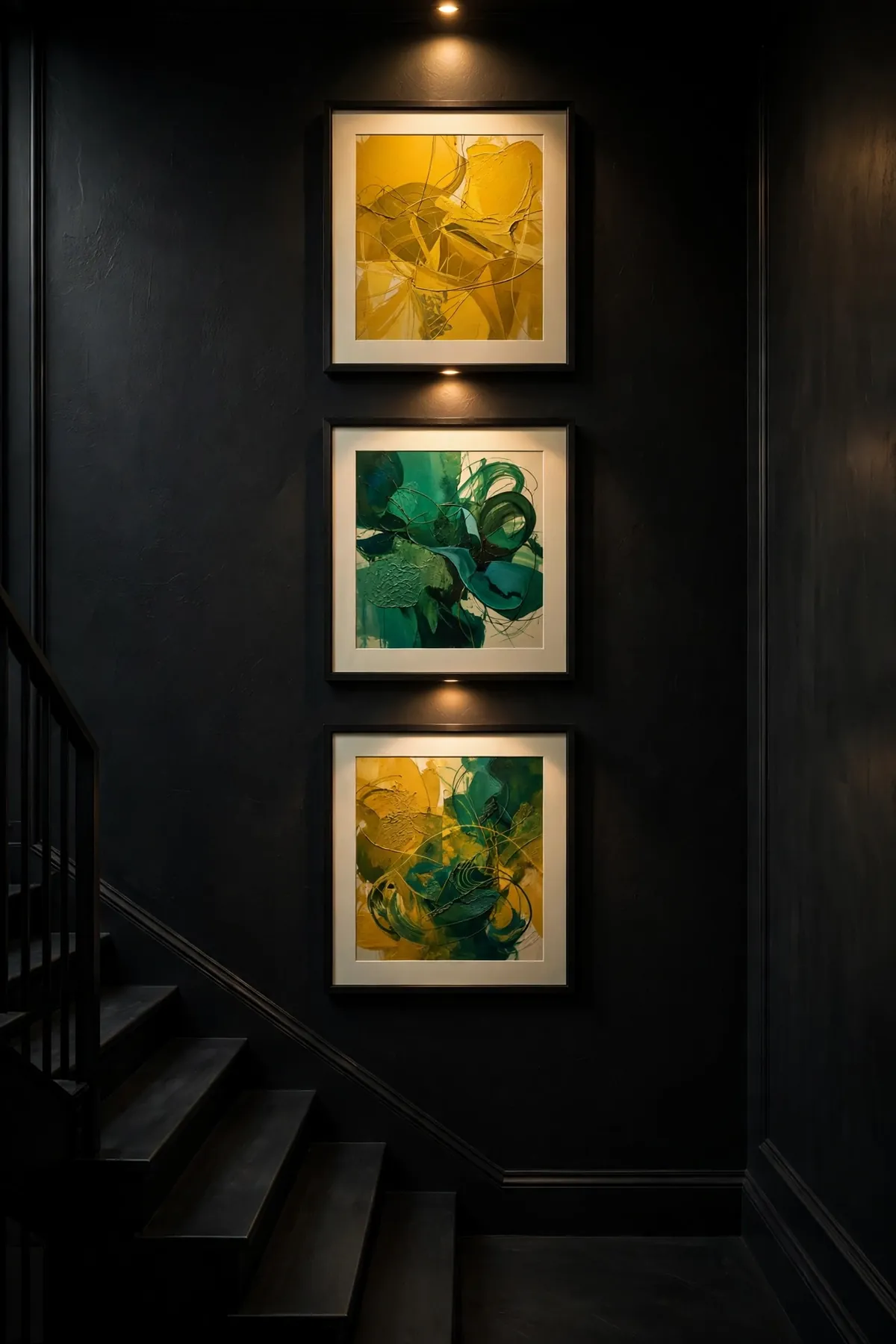 black staircase ideas: Mustard and Emerald Art Popping Off Black Walls
