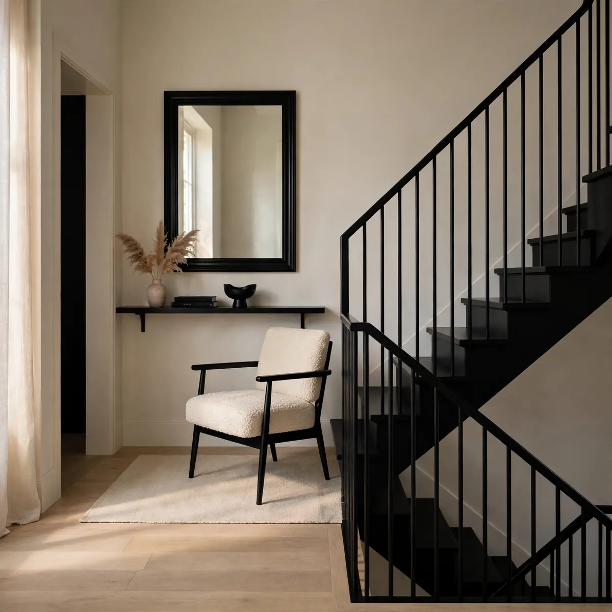 black staircase ideas: Repeating Black Accents Upstairs for Flow