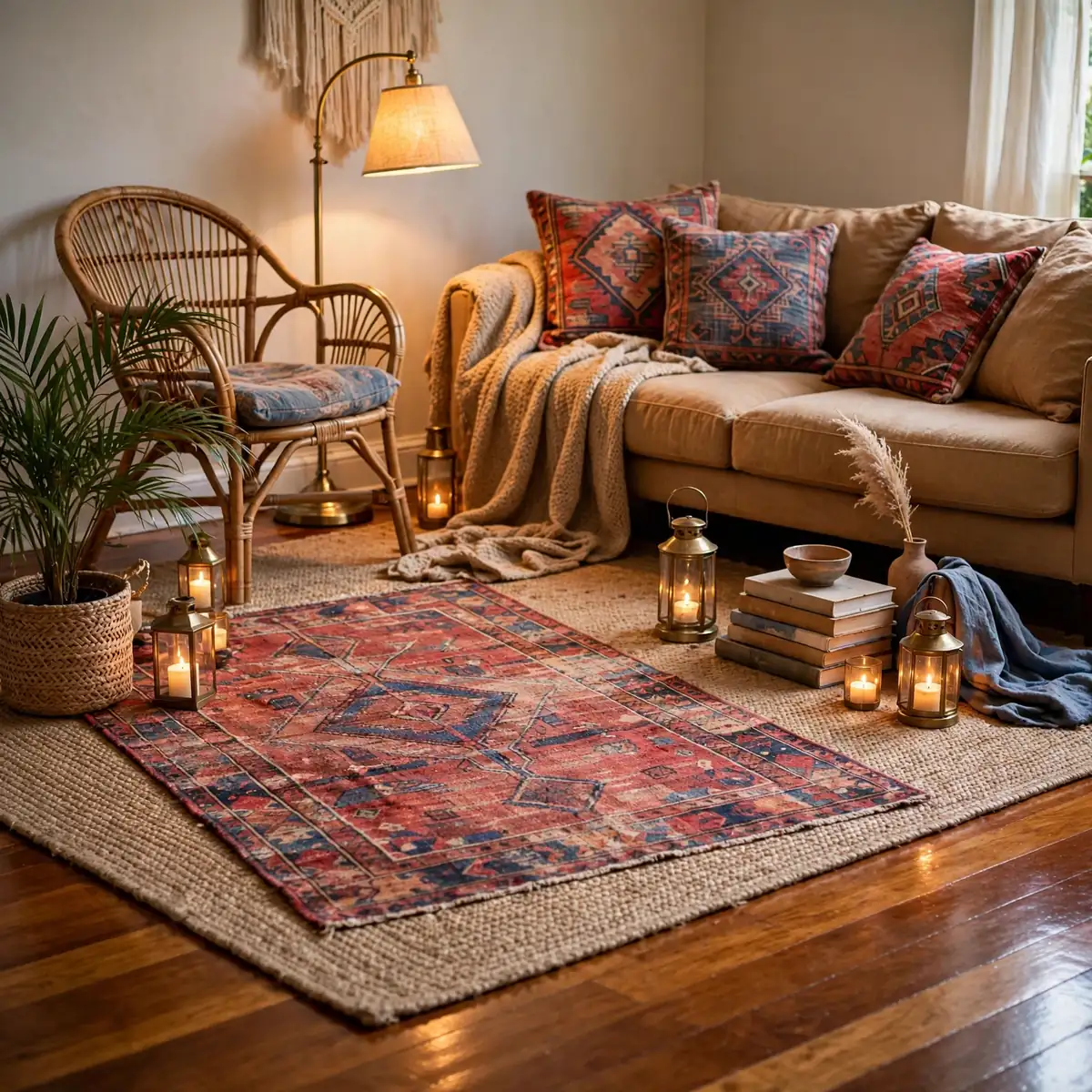 boho living room ideas: Layer Rugs for That Collected Boho Floor