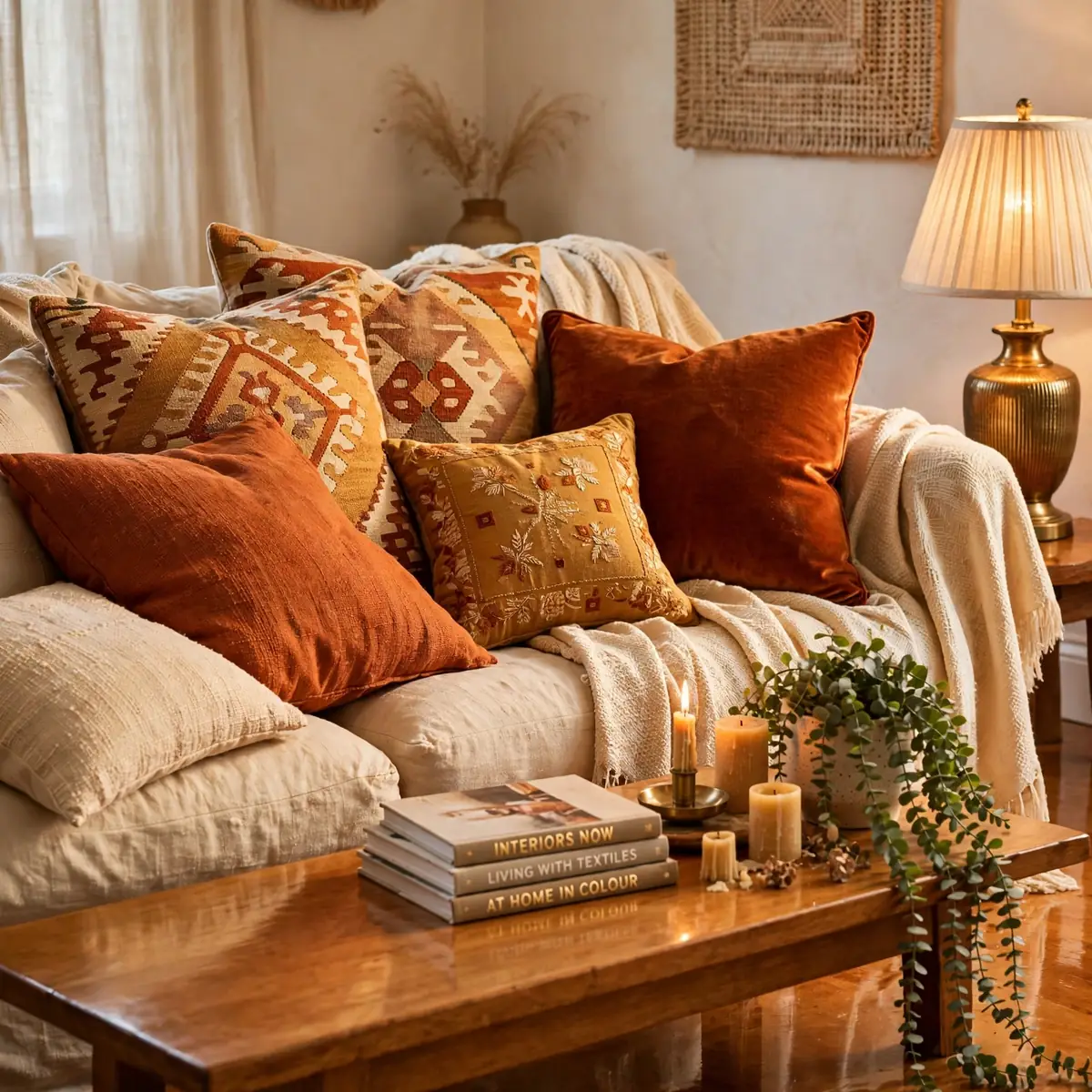 boho living room ideas: Pile On Textured Cushions, Never Matching Ones