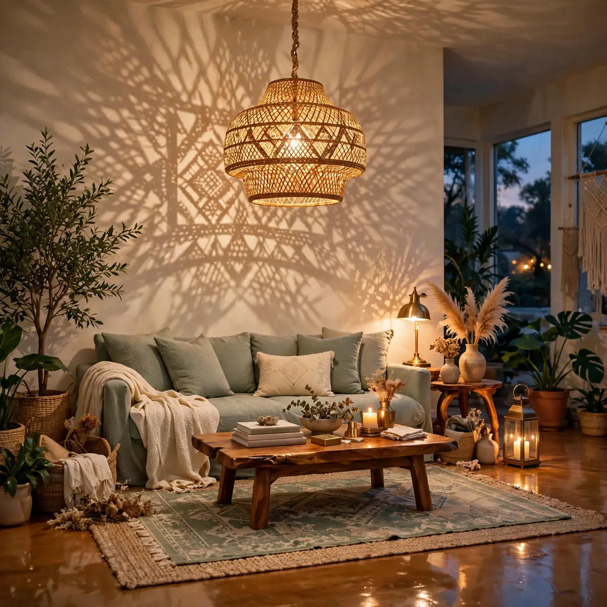 boho living room ideas: Hang a Woven or Rattan Pendant Light
