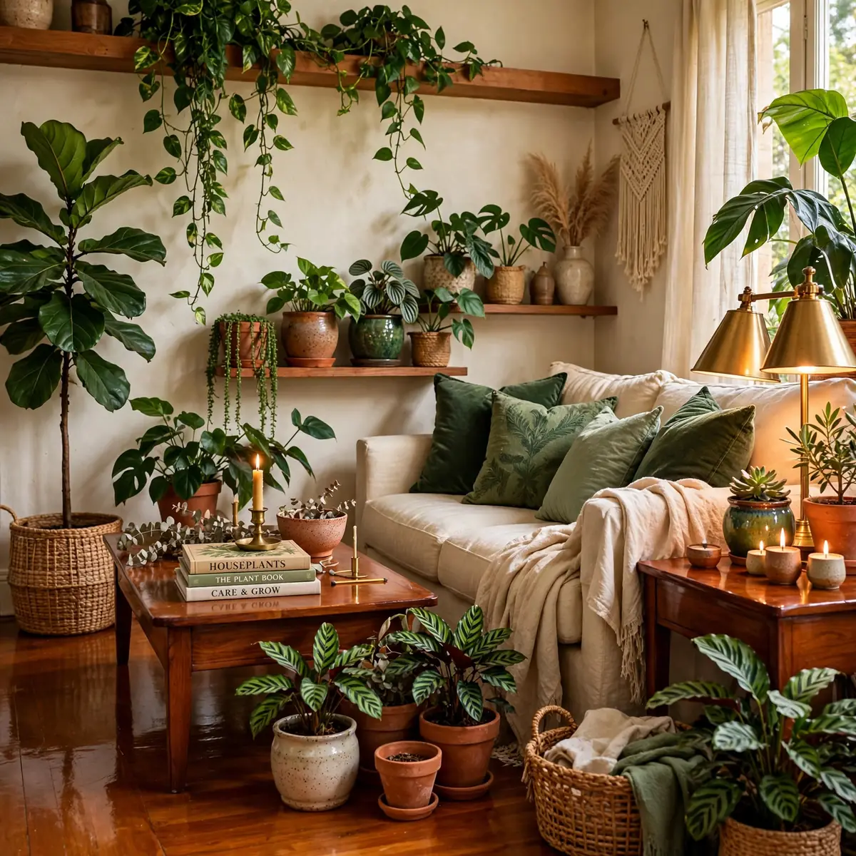 boho living room ideas: Bring In Plants at Every Height