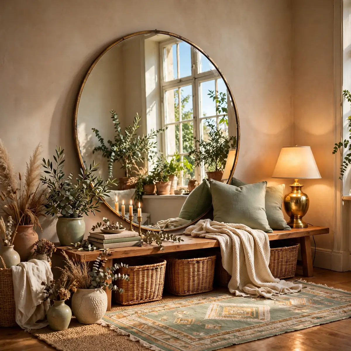 boho living room ideas: Lean a Big Mirror in an Antique Gold Frame