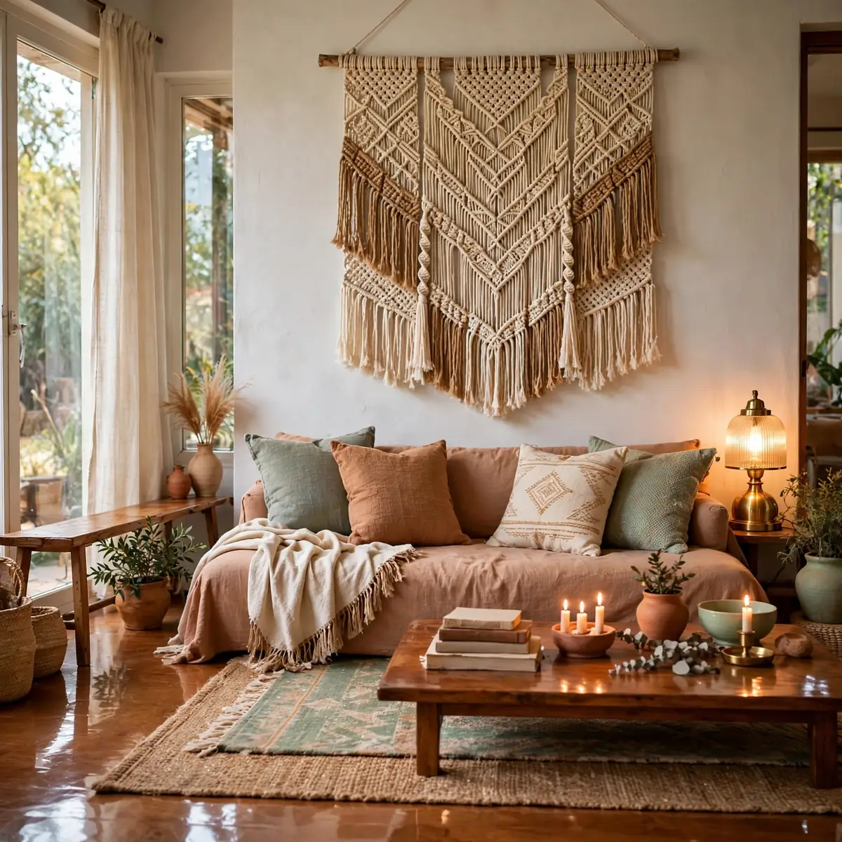 boho living room ideas: Add a Macramé or Woven Wall Hanging