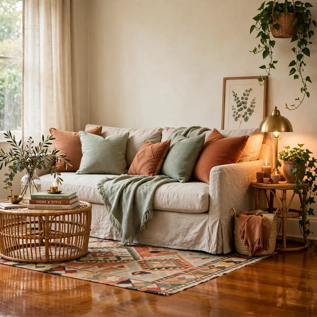 boho living room ideas: Use a Neutral Sofa as the Blank Canvas