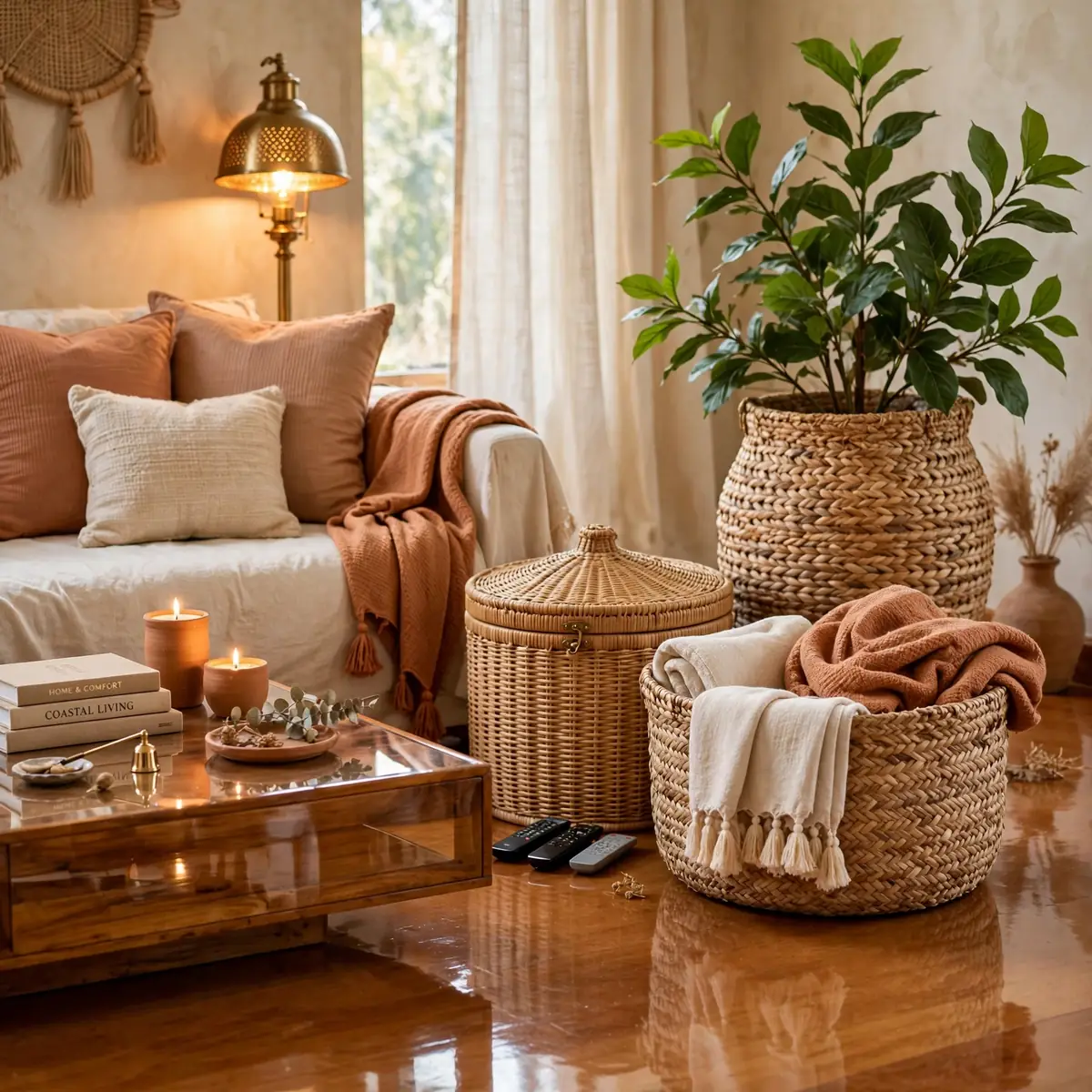 boho living room ideas: Use Baskets as Decor and Storage