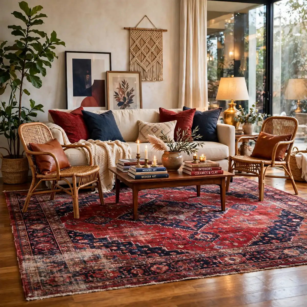 boho living room ideas: Ground the Space With a Large Statement Rug