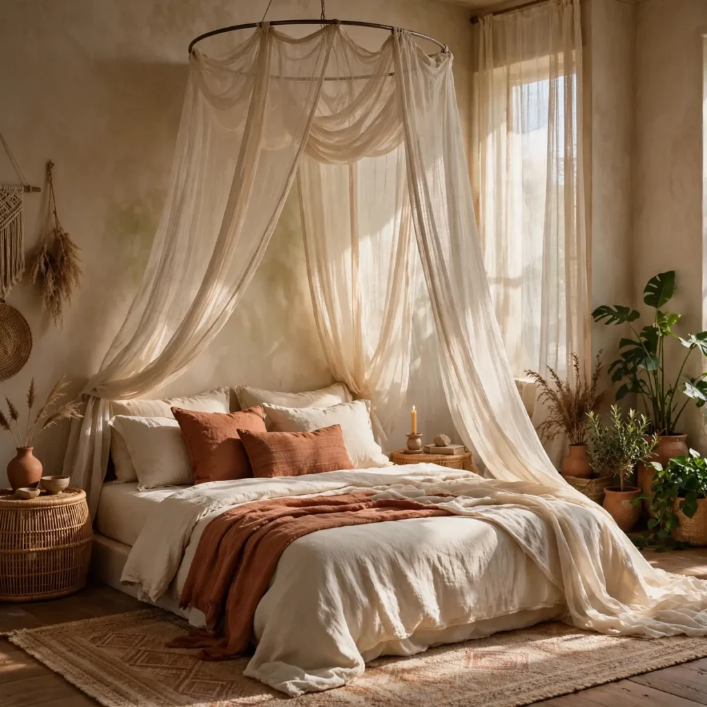bohemian decor ideas: A Canopy or Draped Fabric Moment Over the Bed