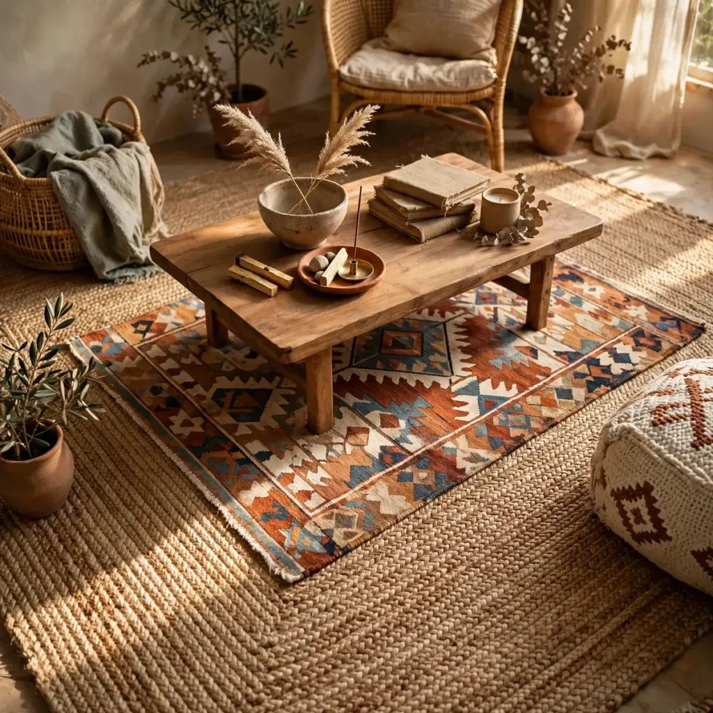 bohemian decor ideas: Layered Rugs in Different Sizes and Patterns