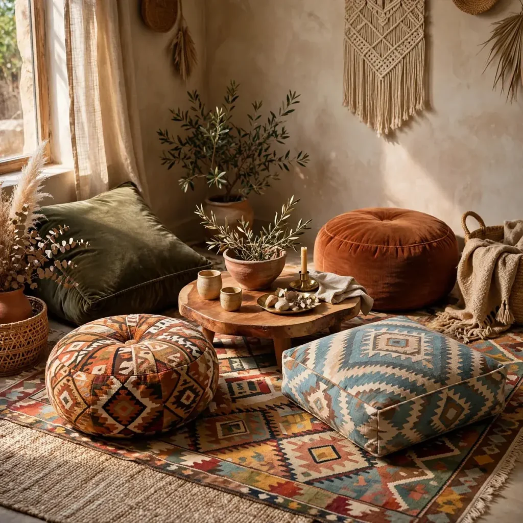 bohemian decor ideas: Low Floor Seating for Laid-Back Gatherings