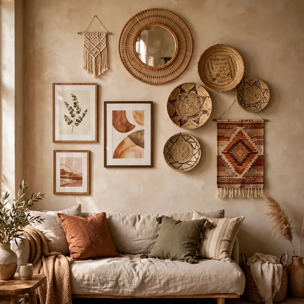 bohemian decor ideas: A Gallery Wall of Art, Mirrors, and Tapestries