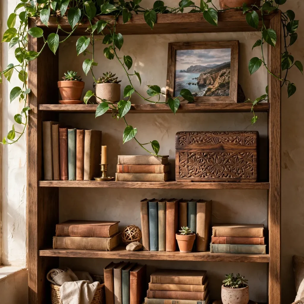 bohemian decor ideas: A Styled Bookshelf of Travel Finds and Curiosities