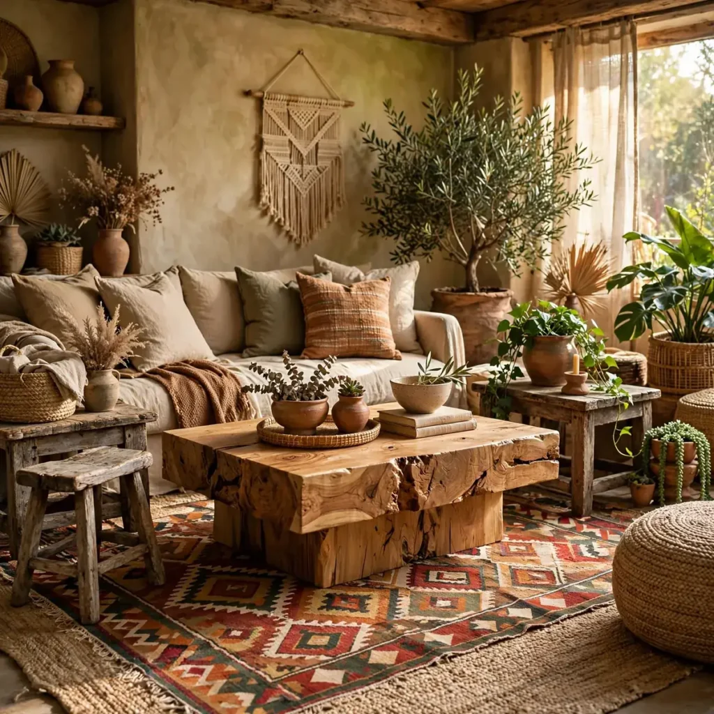 bohemian decor ideas: Natural Wood Anchors: Coffee Table, Side Tables, Stools