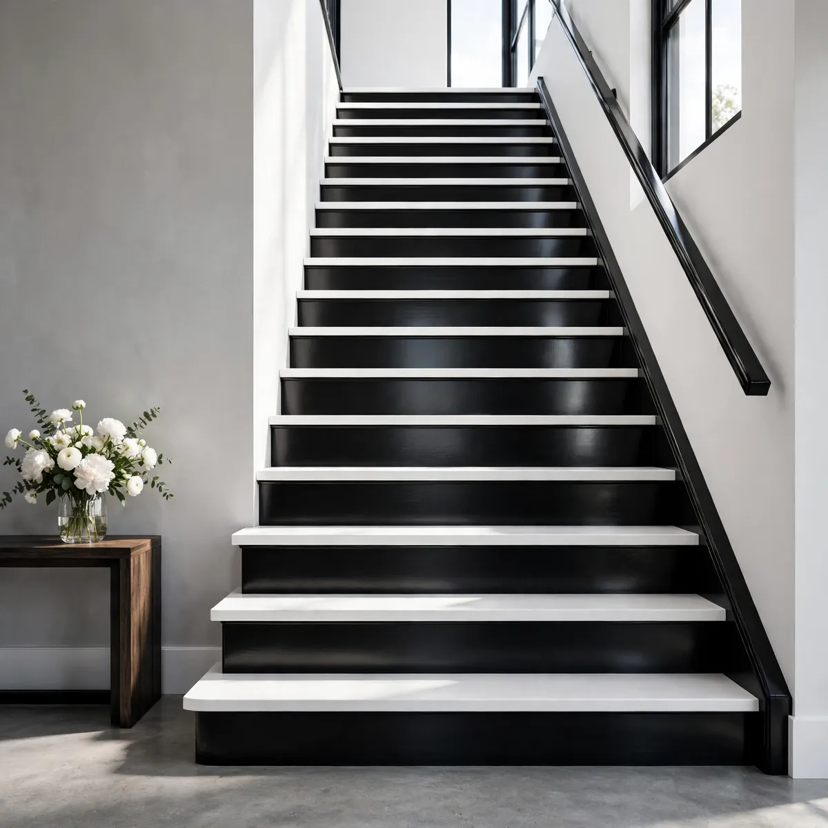 25 Black and White Staircase Ideas That Always Look Expensive black and white staircase ideas: Jet-Black Risers With Crisp White Treads