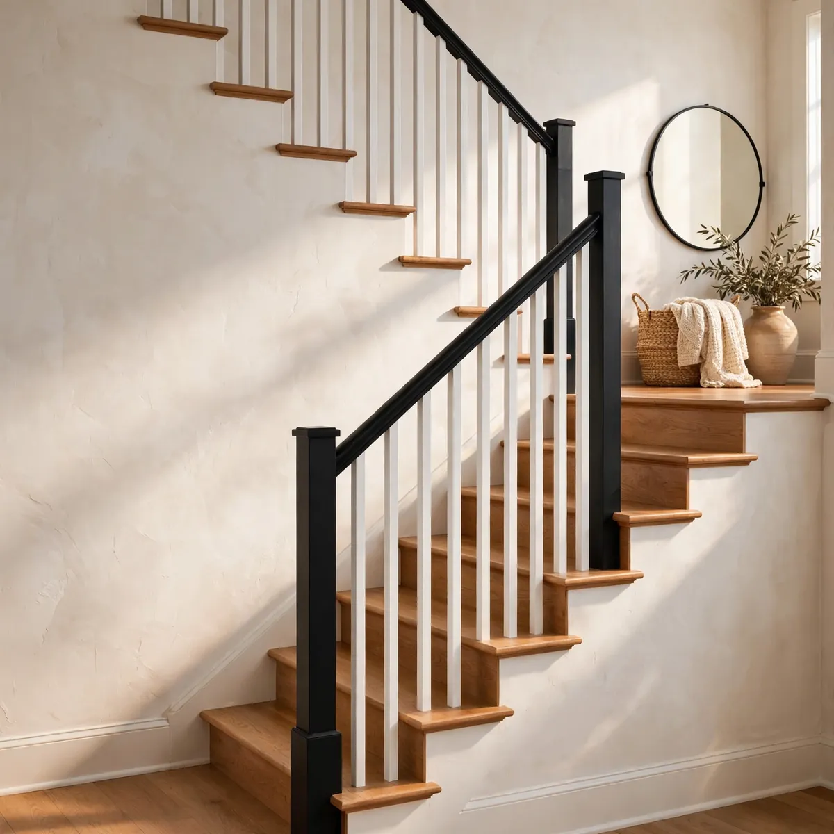 25 Black and White Staircase Ideas That Always Look Expensive black and white staircase ideas: Matte Black Handrail Over White Spindles