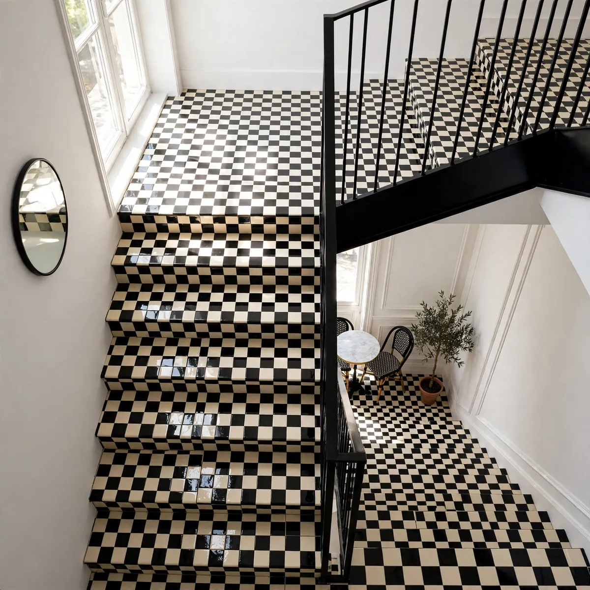 25 Black and White Staircase Ideas That Always Look Expensive black and white staircase ideas: Checkerboard Treads in Gloss Black and Ivory