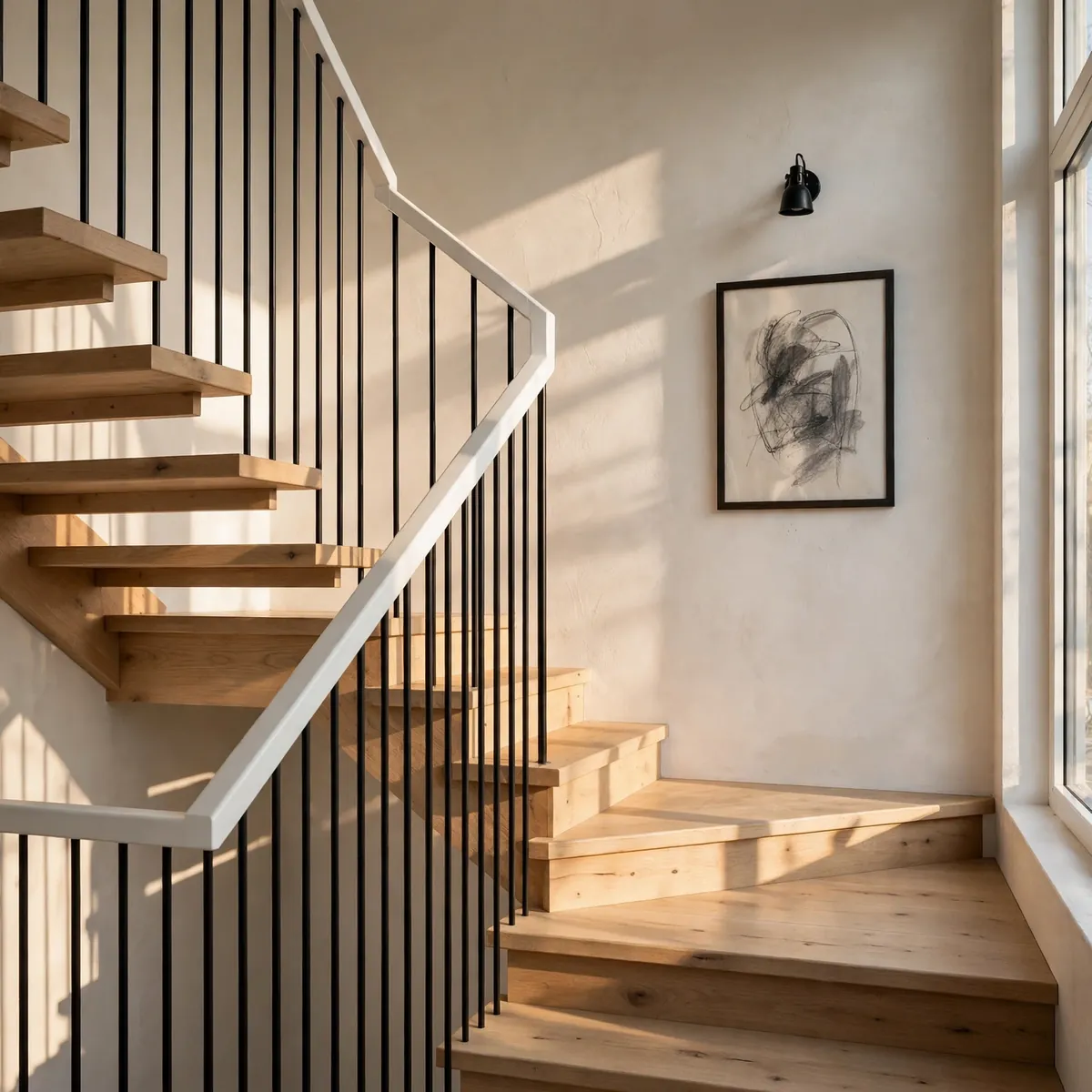 25 Black and White Staircase Ideas That Always Look Expensive black and white staircase ideas: Slim Black Metal Balusters Against White Walls