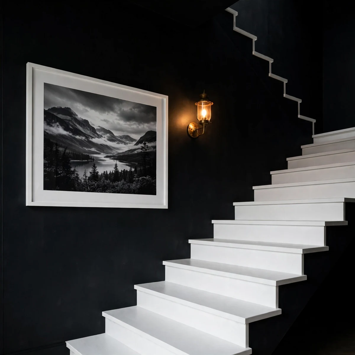25 Black and White Staircase Ideas That Always Look Expensive black and white staircase ideas: Moody Black Stairwell Wall With White Stairs