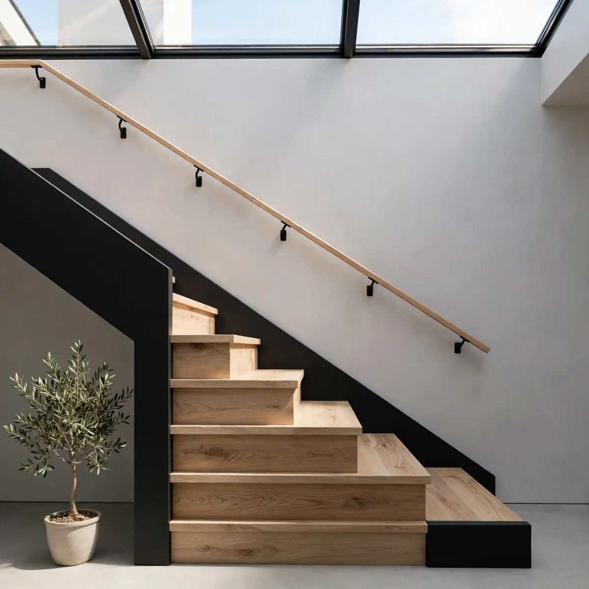 25 Black and White Staircase Ideas That Always Look Expensive black and white staircase ideas: Pale Oak Treads Framed by Black Stringers