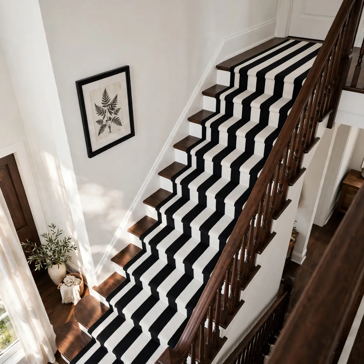 25 Black and White Staircase Ideas That Always Look Expensive black and white staircase ideas: Graphic Striped Runner in Noir and Snow