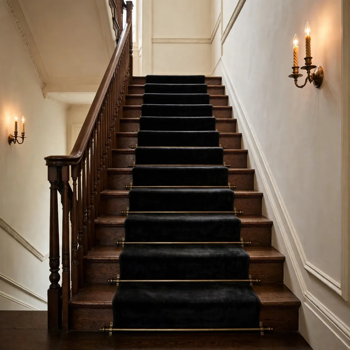 25 Black and White Staircase Ideas That Always Look Expensive black and white staircase ideas: Black Runner Finished With Brass Stair Rods