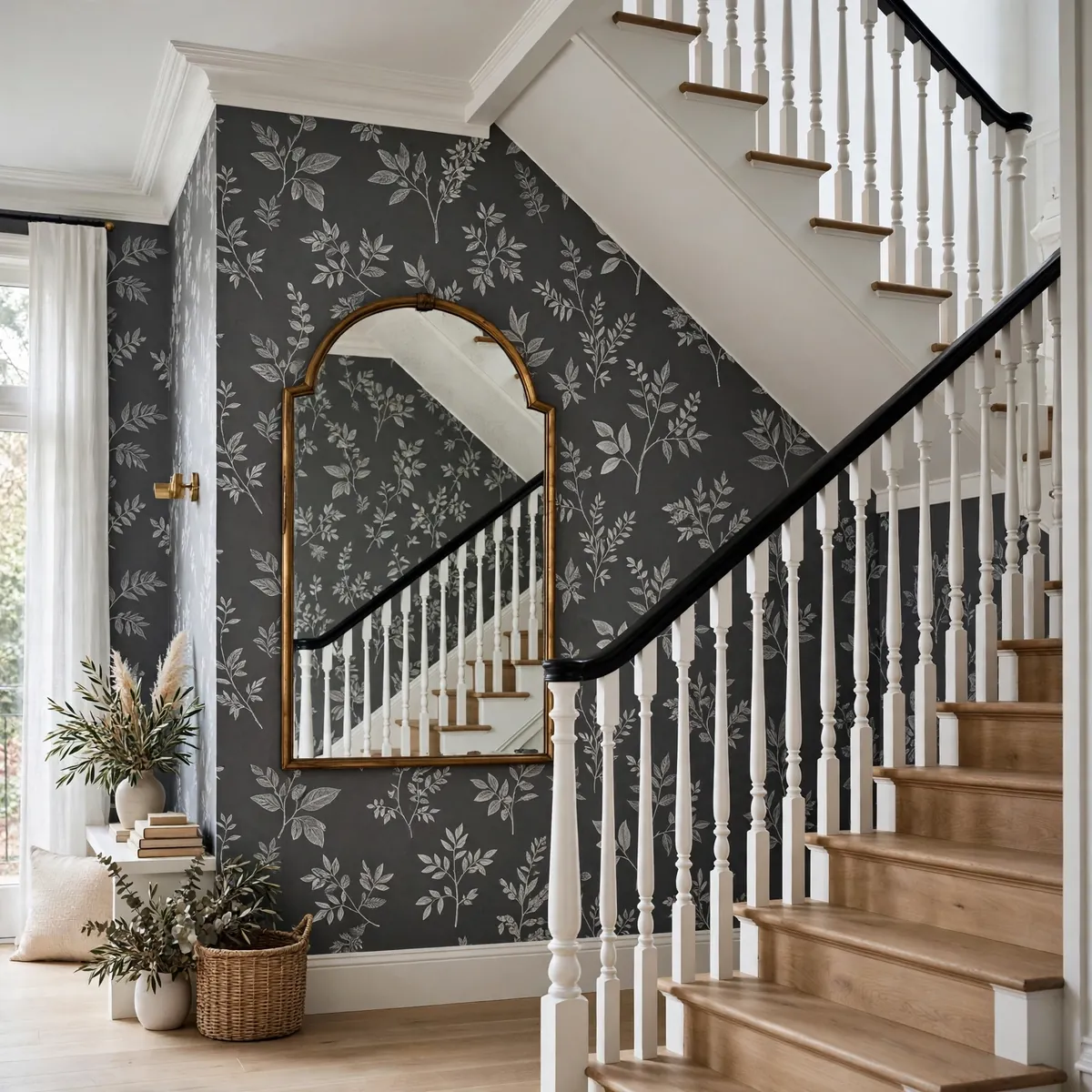 25 Black and White Staircase Ideas That Always Look Expensive black and white staircase ideas: Charcoal Wallpaper With White Botanical Prints
