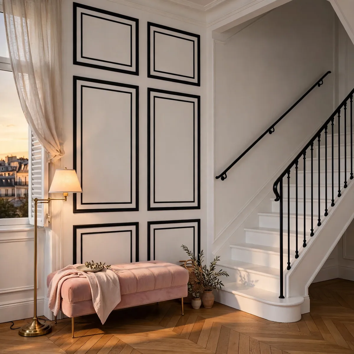 25 Black and White Staircase Ideas That Always Look Expensive black and white staircase ideas: Black Picture-Frame Molding on a White Wall