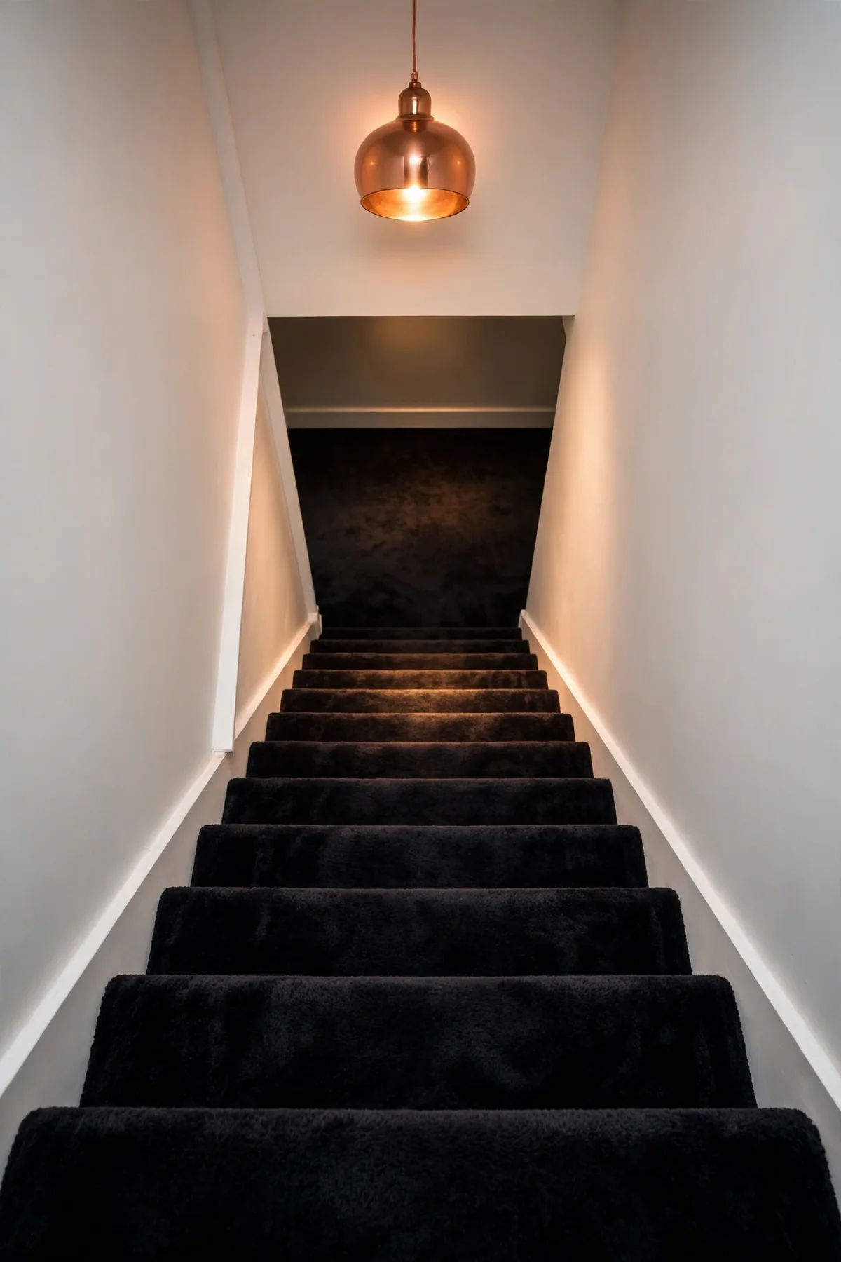 25 Black and White Staircase Ideas That Always Look Expensive black and white staircase ideas: Plush Black Wall-to-Wall Stair Carpet