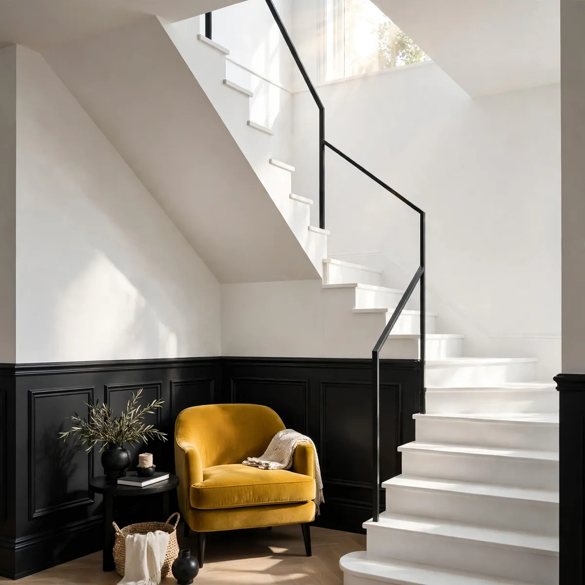 25 Black and White Staircase Ideas That Always Look Expensive black and white staircase ideas: Black Wainscoting Under a Bright White Wall