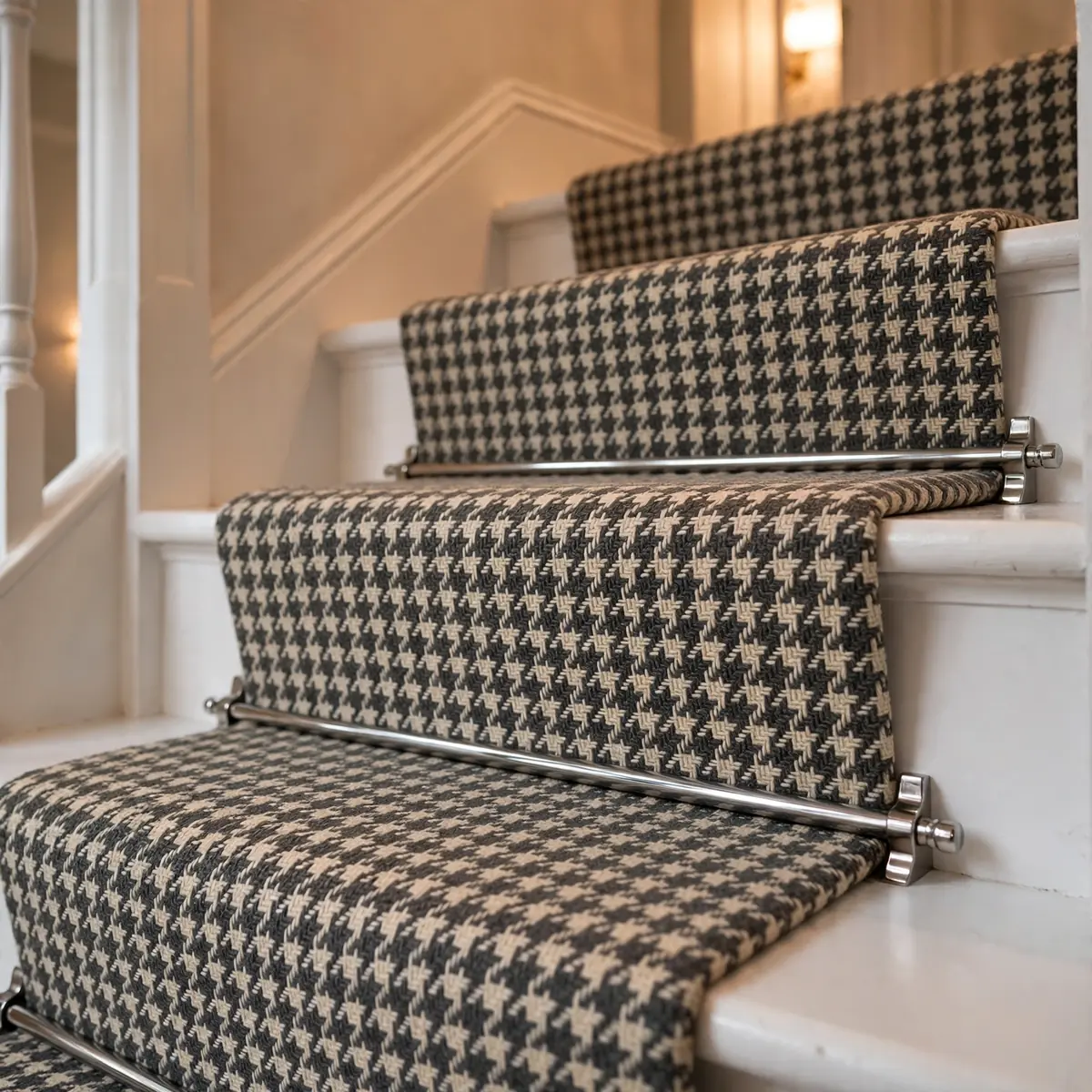 25 Black and White Staircase Ideas That Always Look Expensive black and white staircase ideas: Houndstooth Runner in Charcoal and Cream