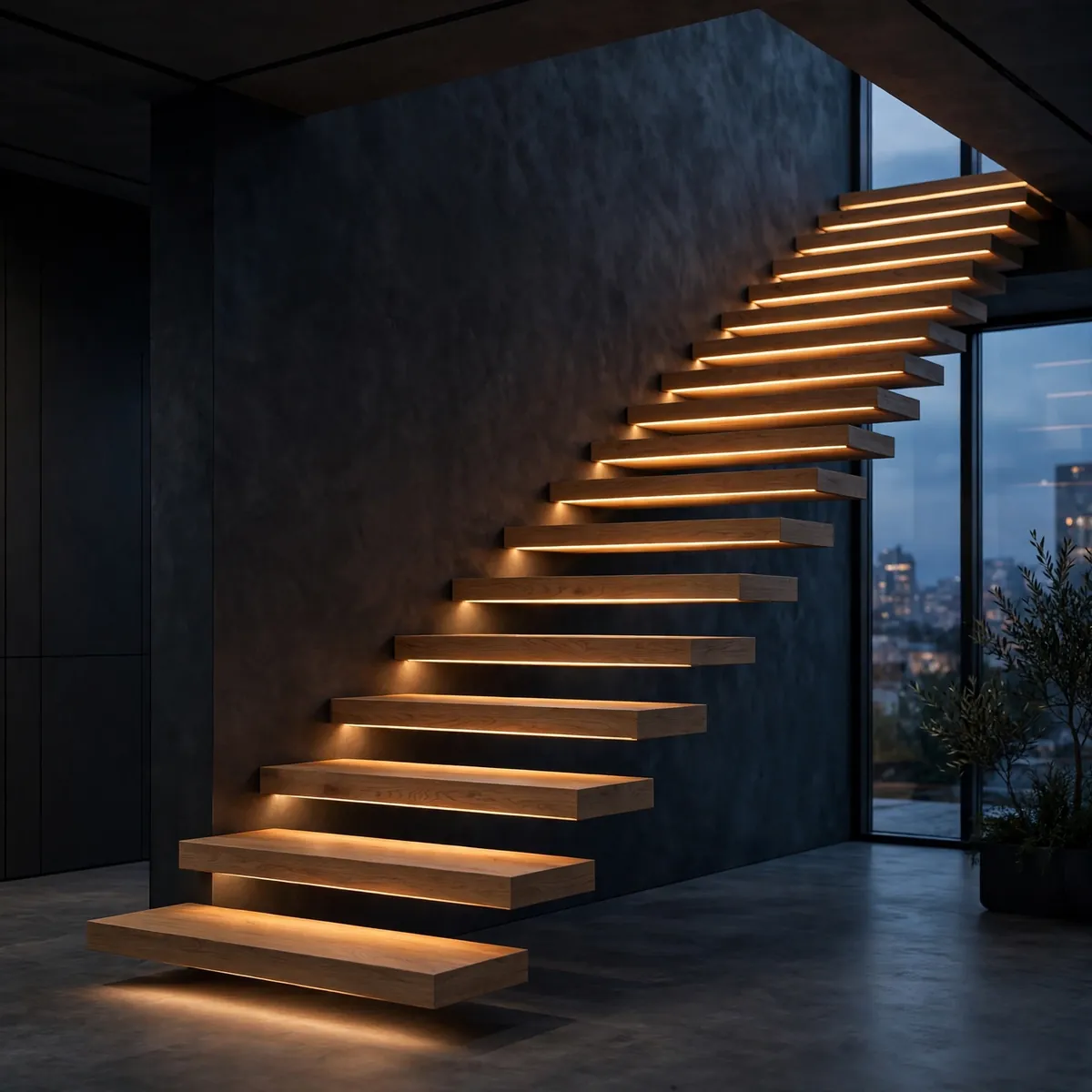 25 Cantilever Staircase Ideas That Make Steps Look Like They Float cantilever staircase ideas: Warm LED Strips Glowing Beneath Oak Treads