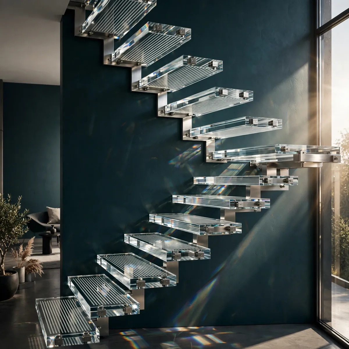 25 Cantilever Staircase Ideas That Make Steps Look Like They Float cantilever staircase ideas: Clear Glass Treads With Anti-Slip Etching