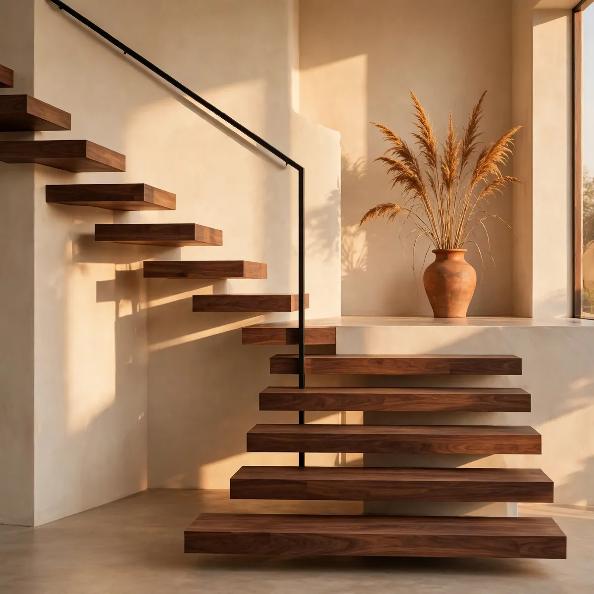 25 Cantilever Staircase Ideas That Make Steps Look Like They Float cantilever staircase ideas: Slim Black Handrail Floating Above Wood Steps