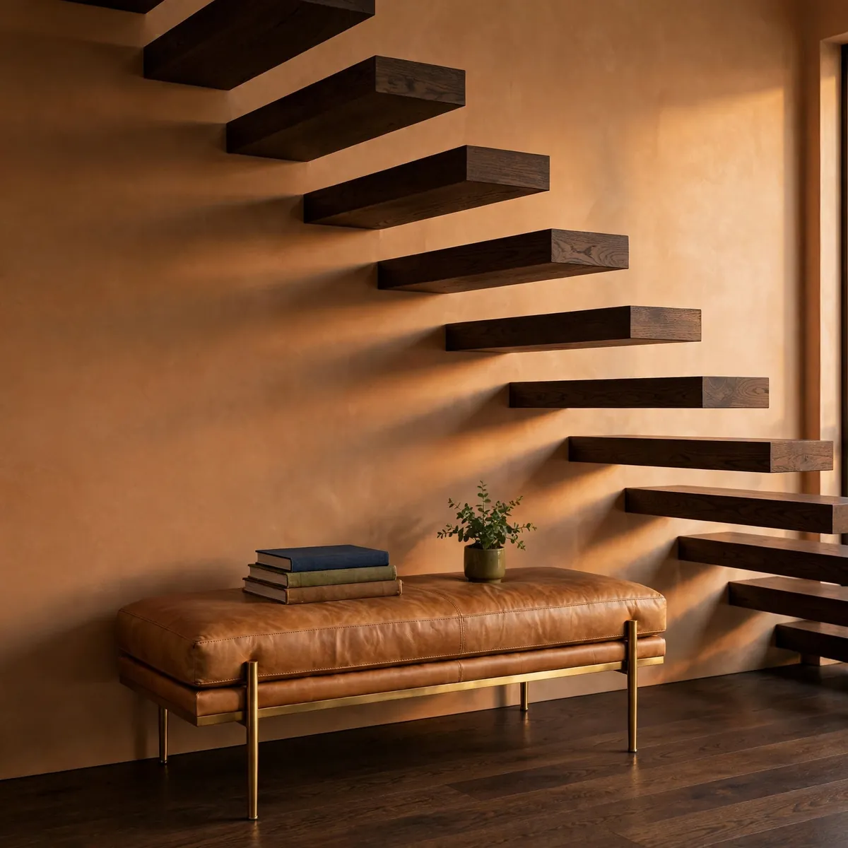 25 Cantilever Staircase Ideas That Make Steps Look Like They Float cantilever staircase ideas: Leather Bench Tucked Under the Floating Steps