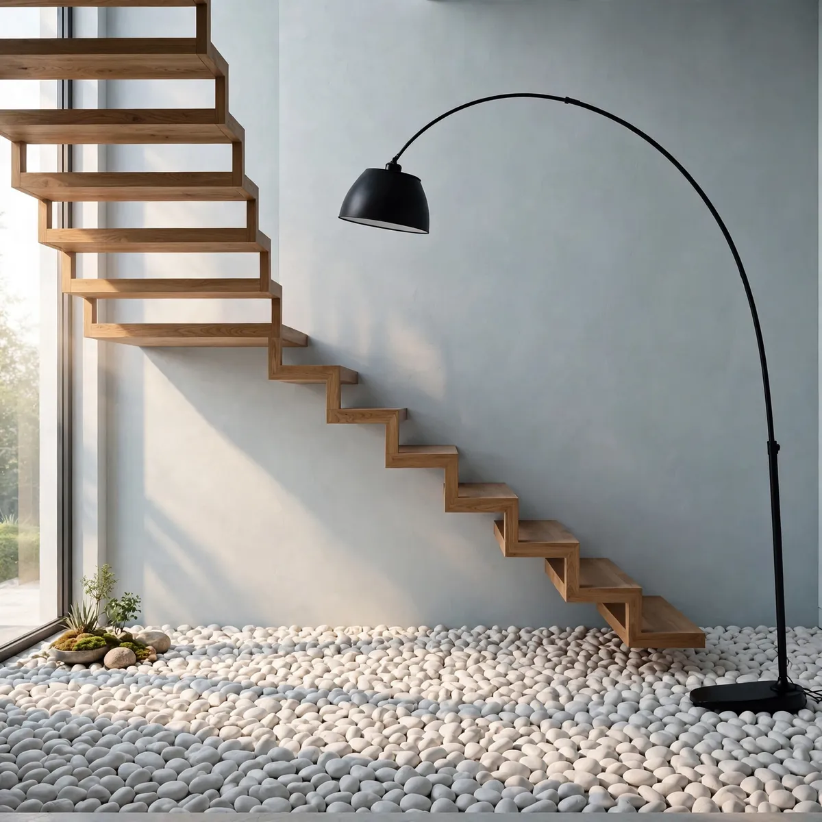 25 Cantilever Staircase Ideas That Make Steps Look Like They Float cantilever staircase ideas: White Pebble Bed Under the Floating Staircase