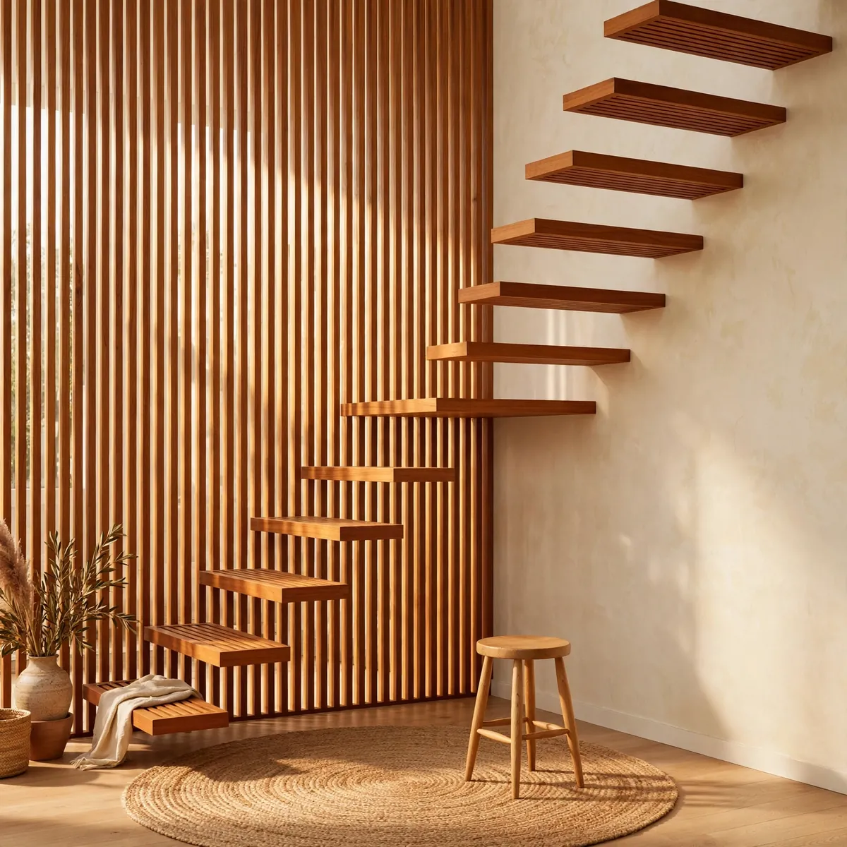 25 Cantilever Staircase Ideas That Make Steps Look Like They Float cantilever staircase ideas: Warm Teak Slats Rising Behind the Steps