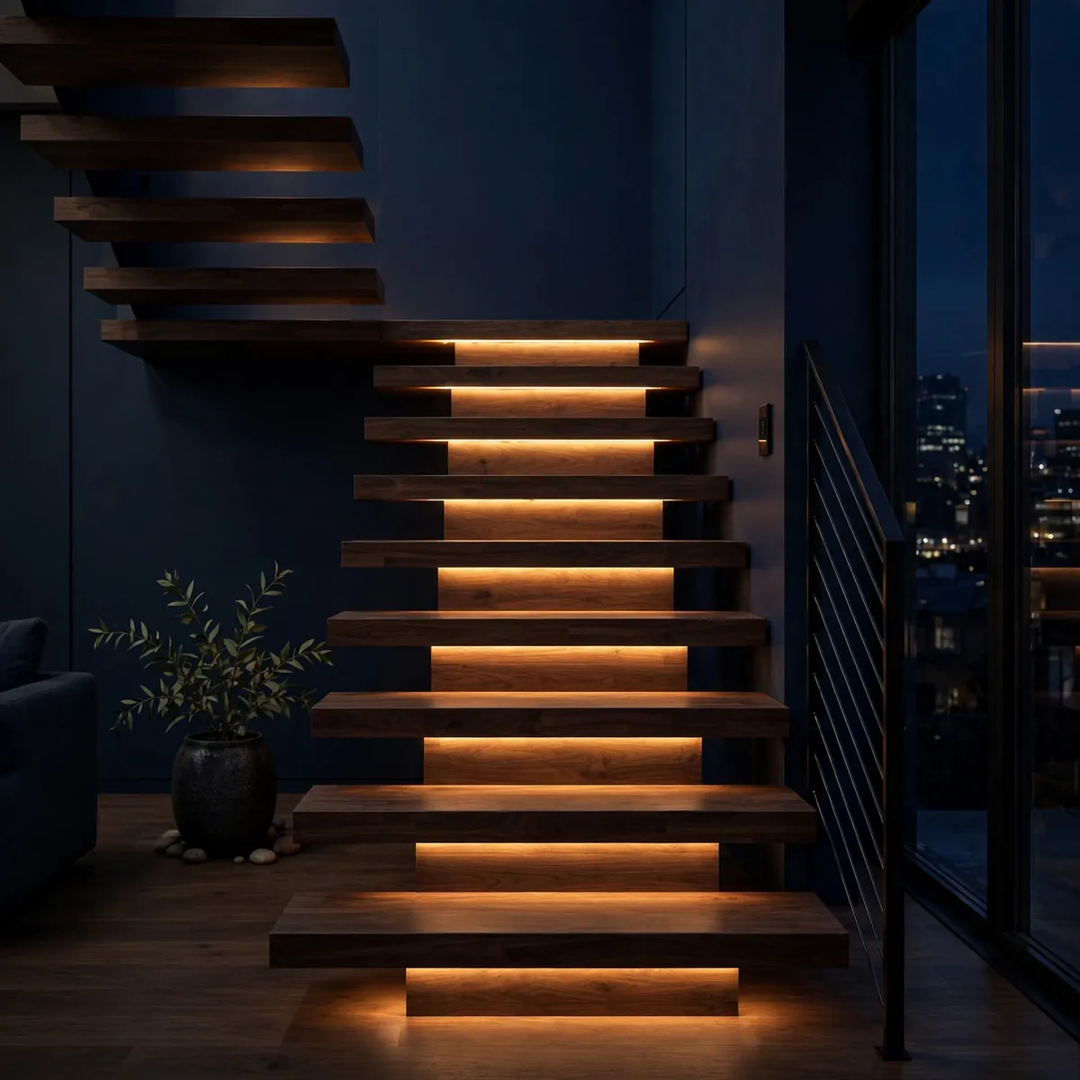 25 Cantilever Staircase Ideas That Make Steps Look Like They Float cantilever staircase ideas: Motion-Sensor Lights That Greet Every Step