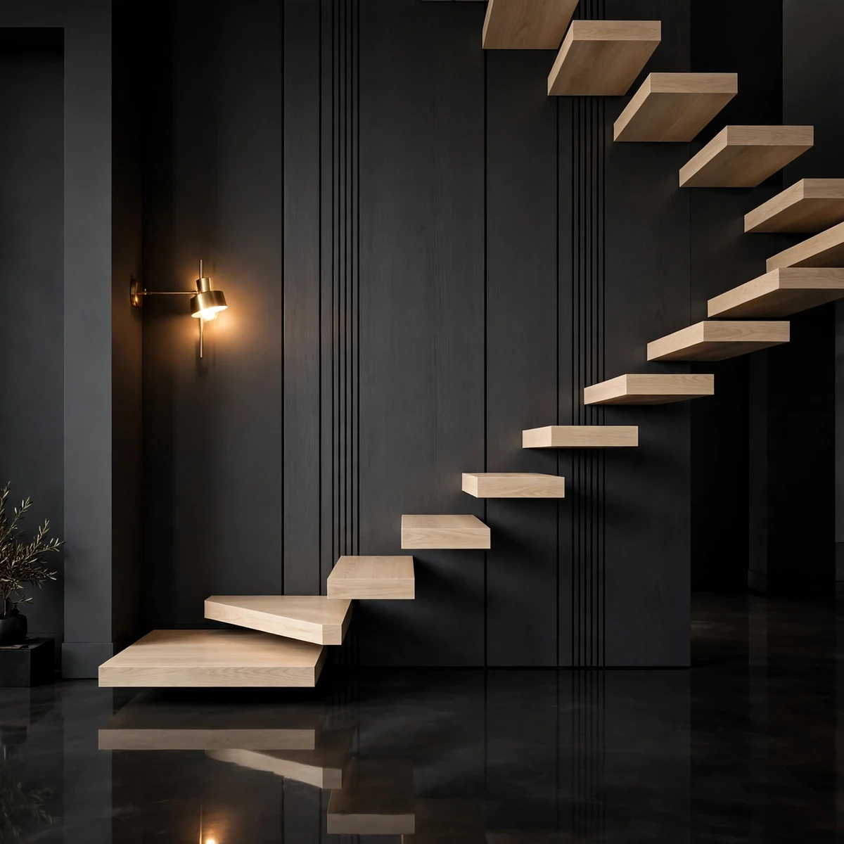 25 Cantilever Staircase Ideas That Make Steps Look Like They Float cantilever staircase ideas: White Oak Treads on a Charcoal Feature Wall