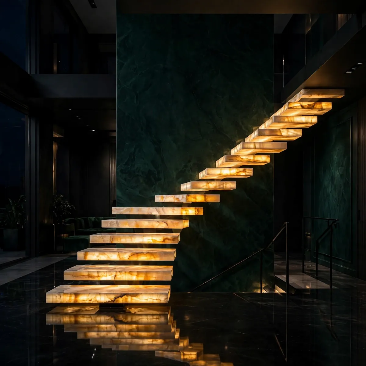 25 Cantilever Staircase Ideas That Make Steps Look Like They Float cantilever staircase ideas: Backlit Onyx Treads for Evening Drama