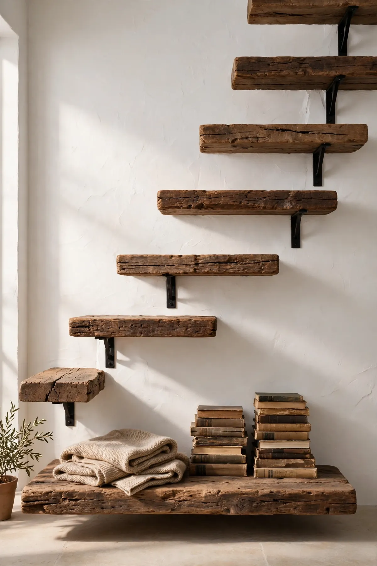 25 Cantilever Staircase Ideas That Make Steps Look Like They Float cantilever staircase ideas: Reclaimed Timber Treads on a White Plaster Wall