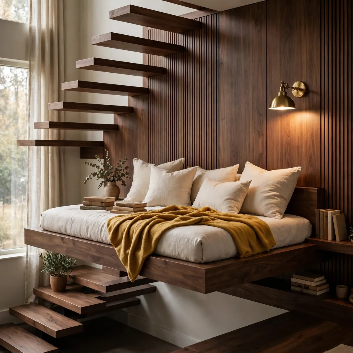 25 Cantilever Staircase Ideas That Make Steps Look Like They Float cantilever staircase ideas: Cantilevered Reading Nook at the Mid Landing
