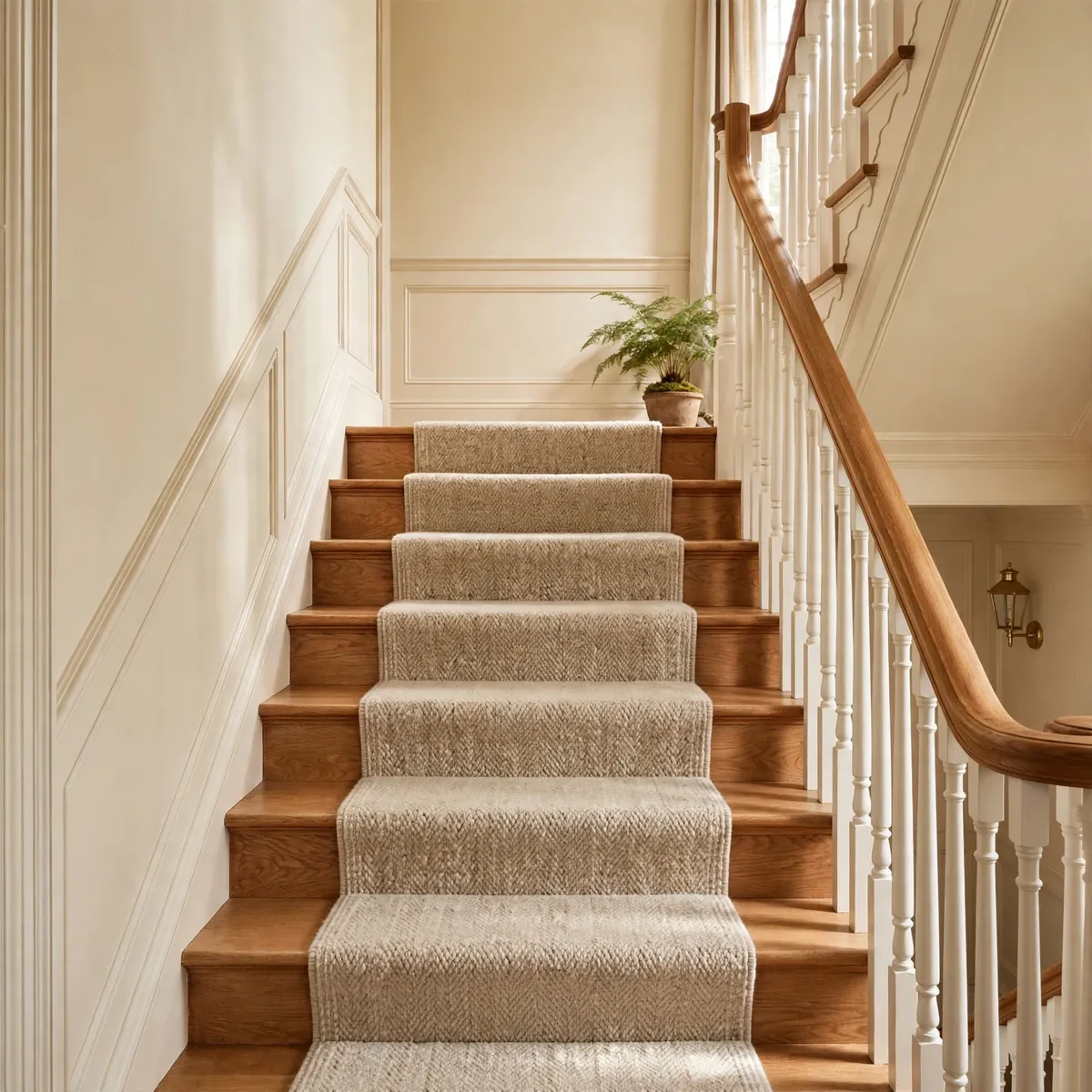 carpeted staircase ideas: Oatmeal Wool Runner on Honey Oak Steps