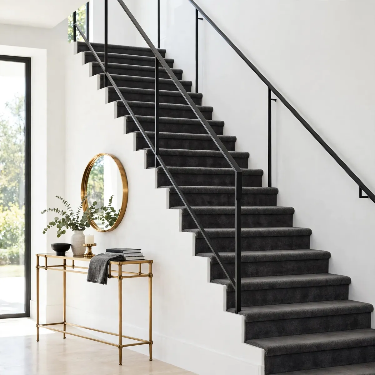 carpeted staircase ideas: Charcoal Carpet Against Crisp White Walls