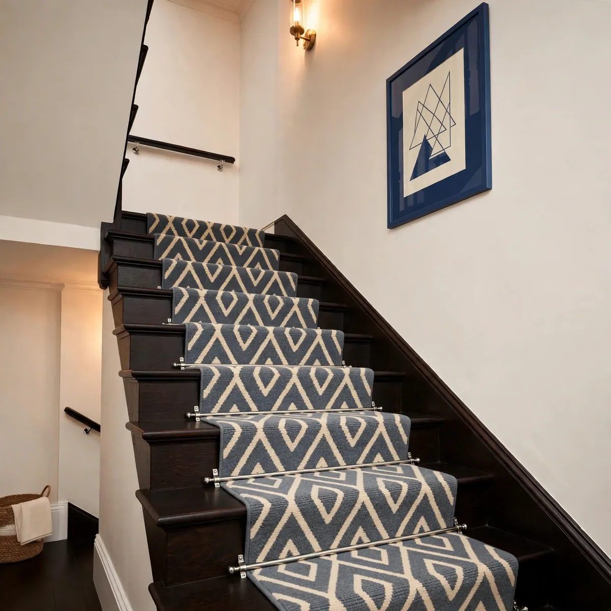 carpeted staircase ideas: Bold Diamond-Pattern Runner in Slate and Cream