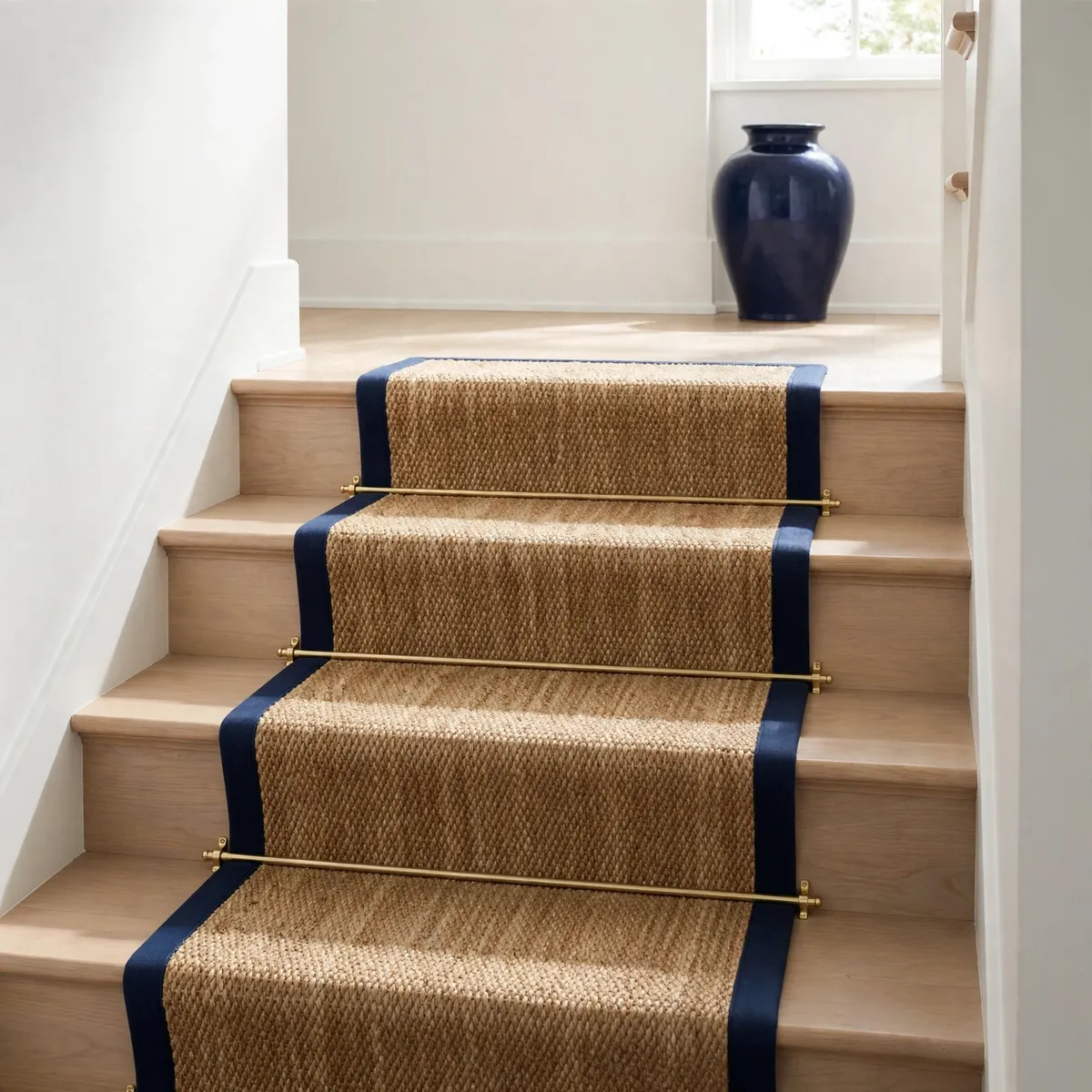 carpeted staircase ideas: Navy Border Trim on a Natural Sisal Runner