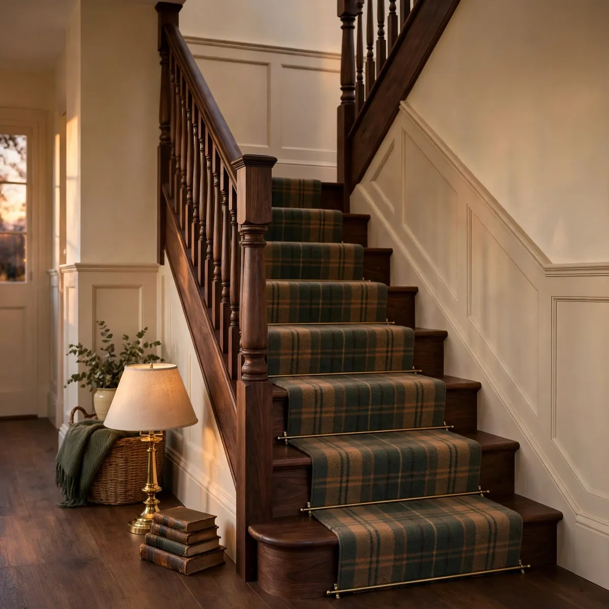 carpeted staircase ideas: Muted Tartan Plaid in Forest and Camel