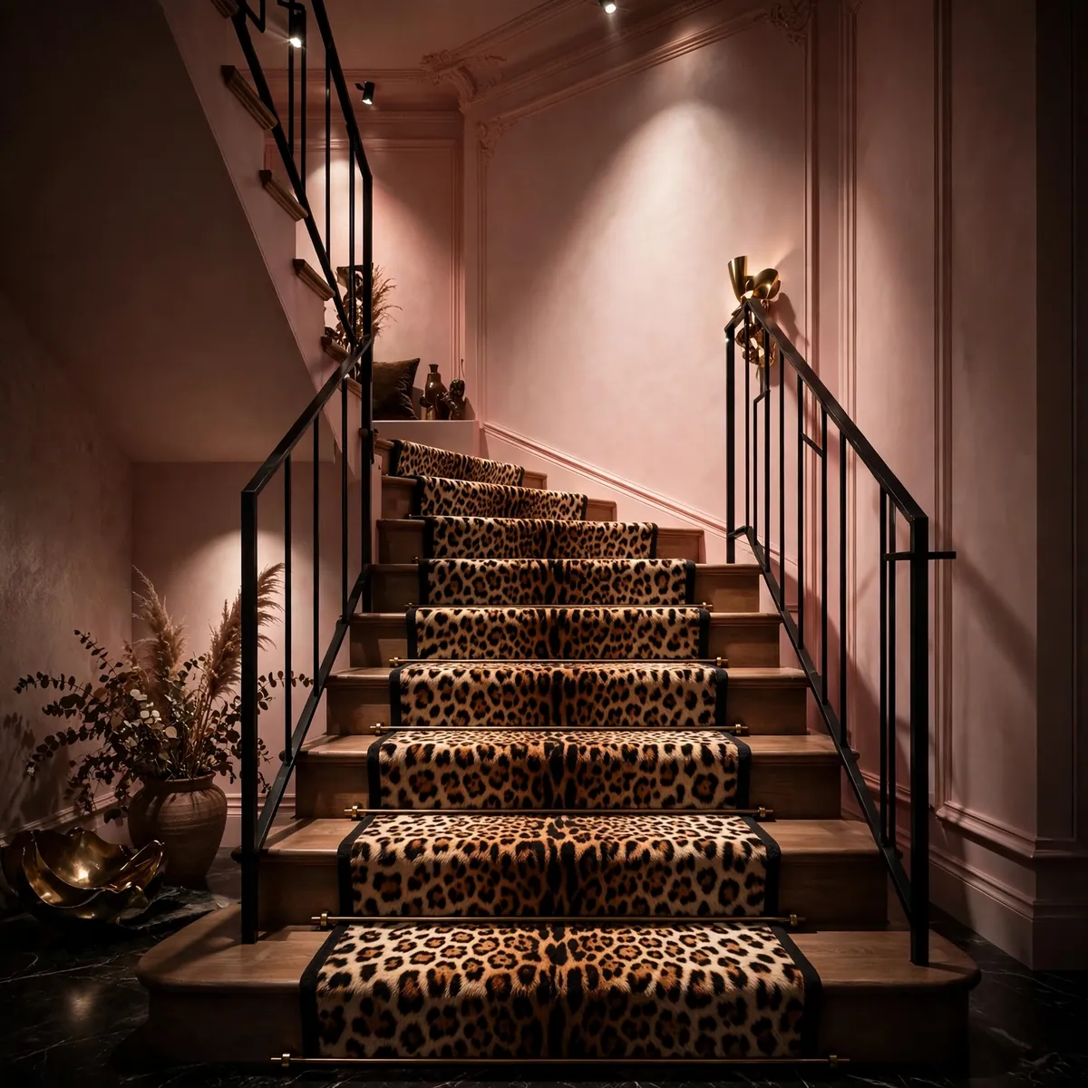 carpeted staircase ideas: Leopard-Print Runner With a Simple Black Rail