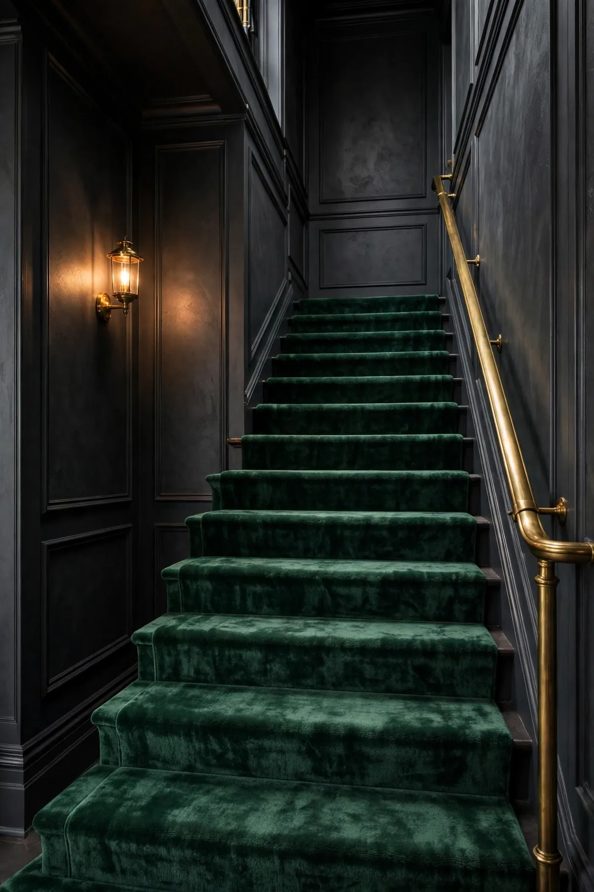 carpeted staircase ideas: Velvet-Look Carpet in Deep Emerald